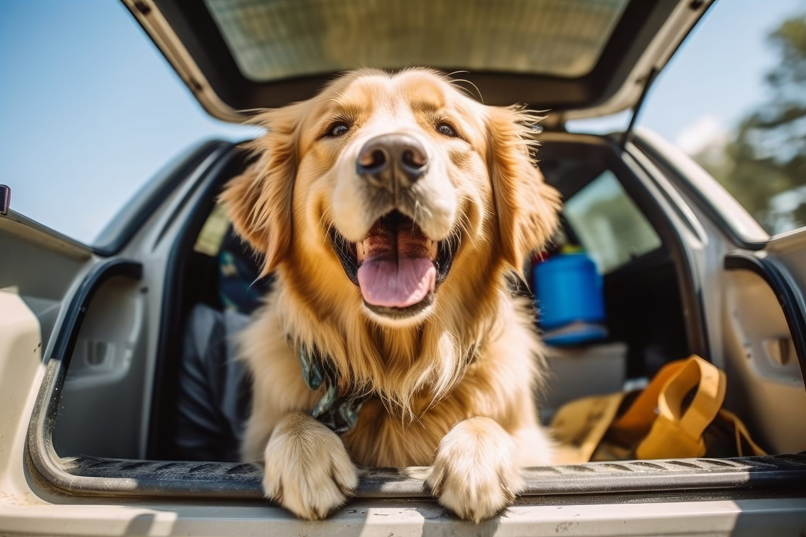 Cute golden retriever dog sitting in car trunk ready for a vacation trip. Generative AI.